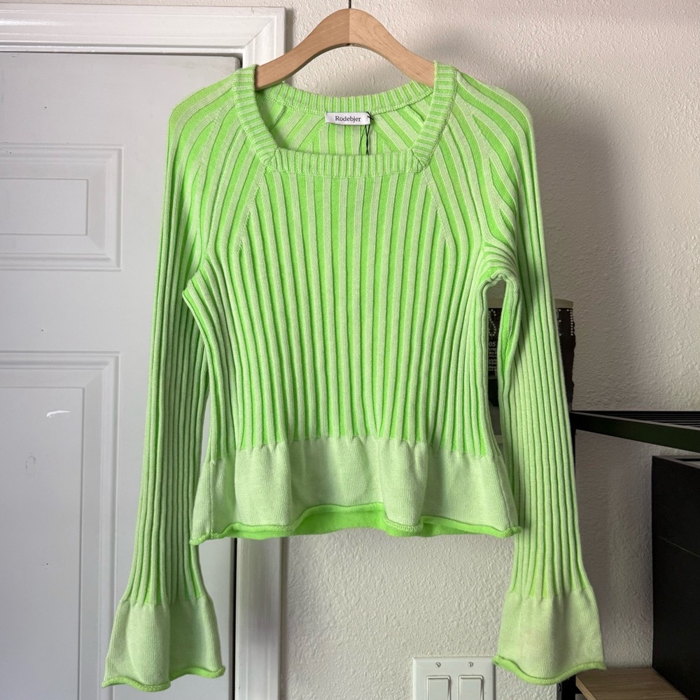 NWT RODEBJER neon green rib ribbed merino wool square neck bell sleeve sweater